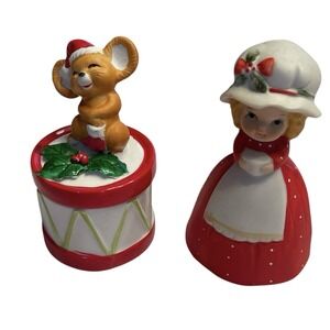 Vintage Mouse Trinket Box Girl Bell Figurines 80s Christmas Decor Collectible